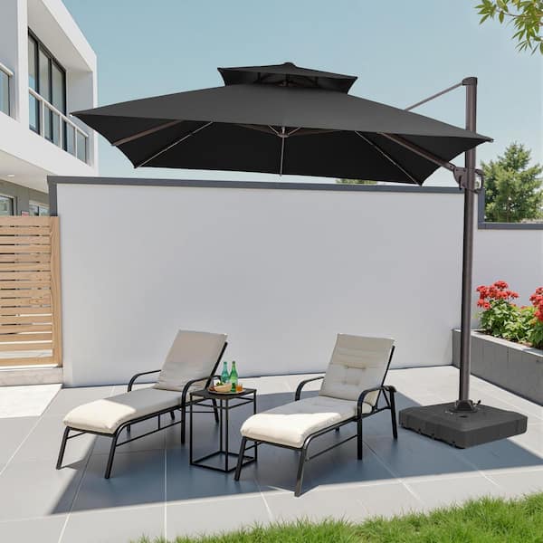 Pellebant 9.5 ft. x 9.5 ft. Square Outdoor 2-Tier Top 360° Rotation Tiltable Cantilever Patio Umbrella with Base in Black
