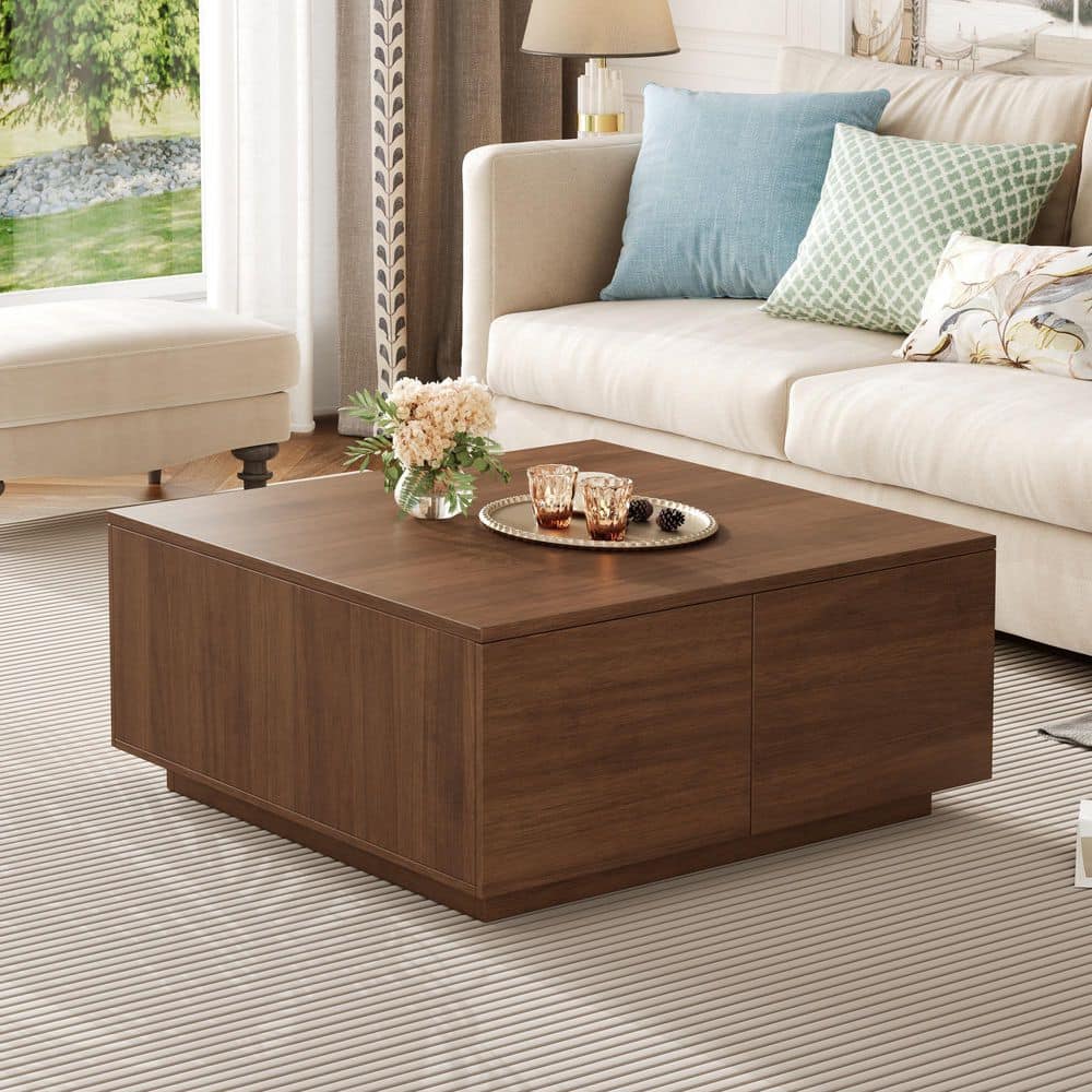 Modern 33.25 in. Walnut Finish Square MDF Coffee Table with Drawers price history on PriceWatchPro