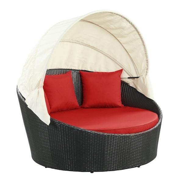 MODWAY Siesta Wicker Rattan Outdoor Patio Canopy Day Bed with Cushions in Espresso Red