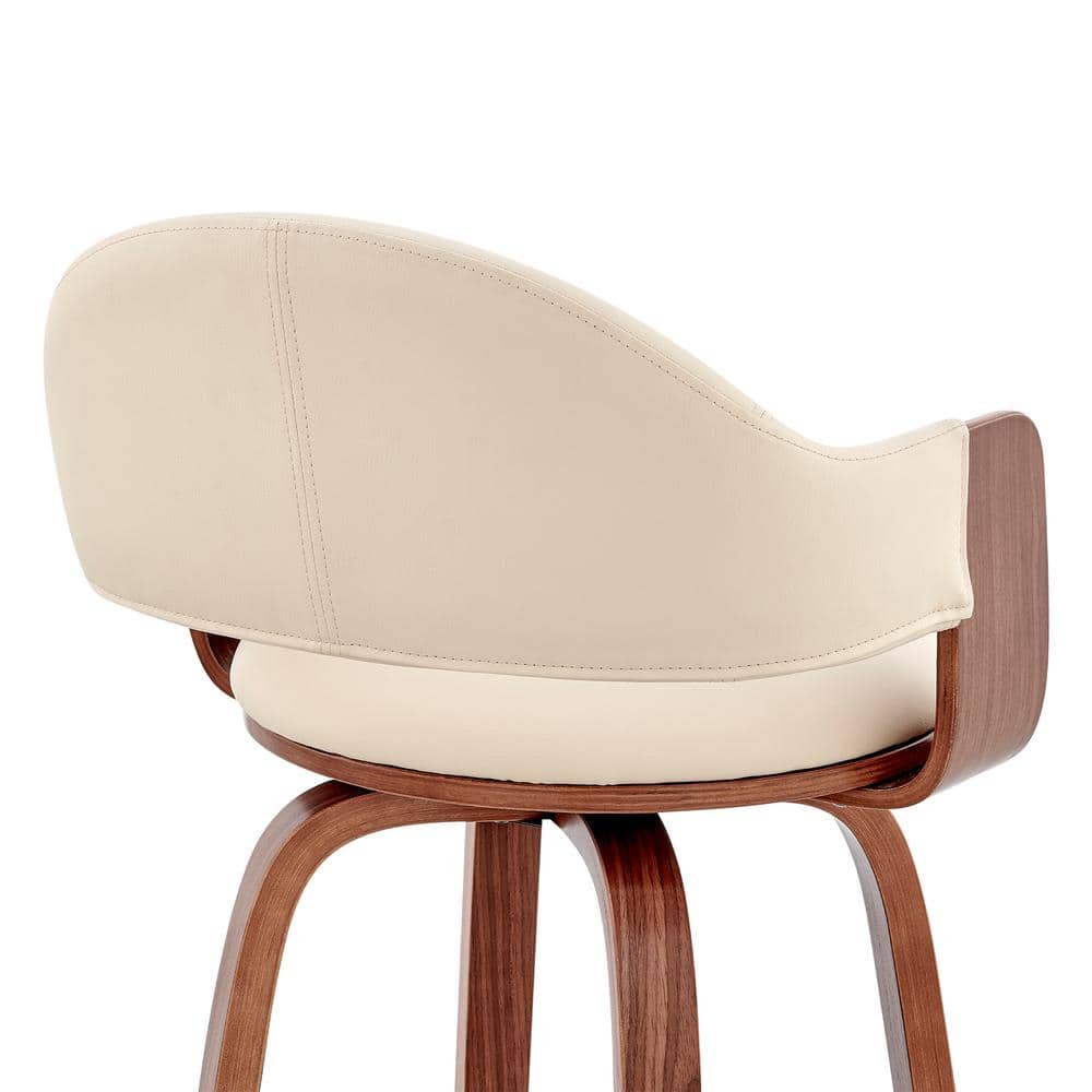Cream Faux Leather and Walnut Wood Swivel Bar Stool