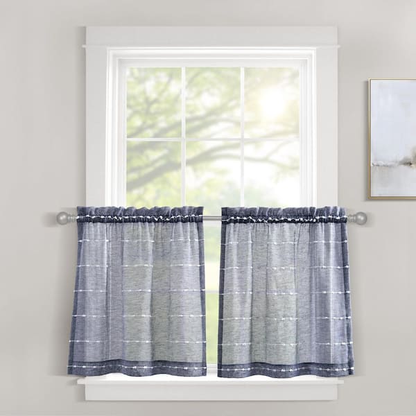 HOMEBOUTIQUE Farmhouse Textured Sheer Kitchen Tiers Navy 58x36+1.5 Set (Each 29x36+1.5)