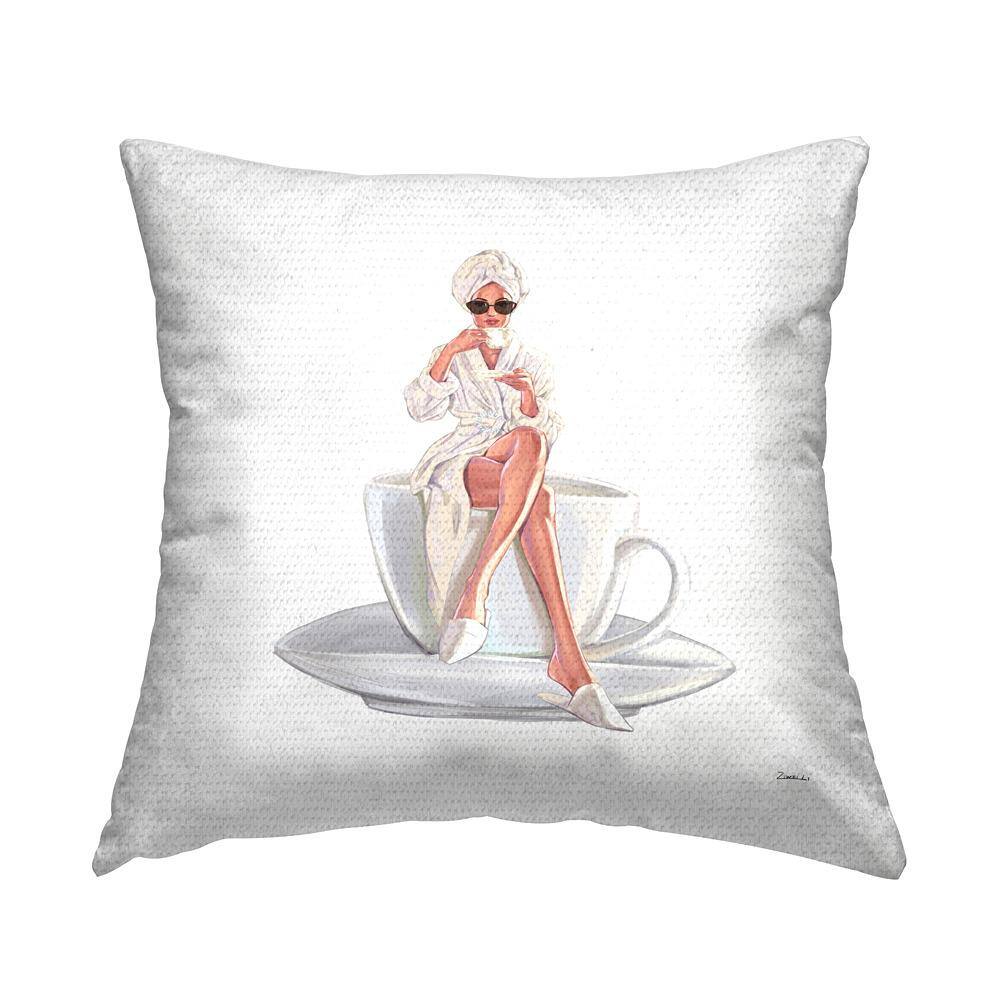 Stylish Woman Glam Bathrobe Morning Coffee Beige Square Outdoor Throw Pillow price history on PriceWatchPro