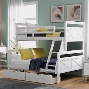Modern Twin Over Full Bunk Bed with Ladder, 2-Storage Drawers, Safety Guardrail, White