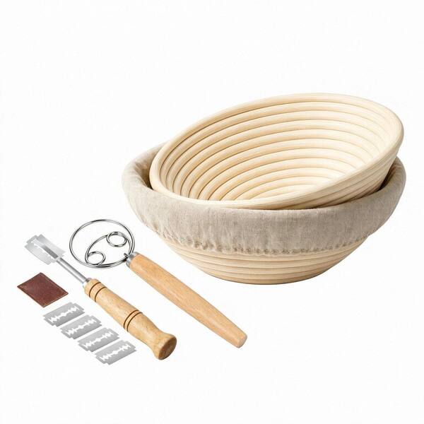 2-Set Bread Proofing Basket, 9 in. and 10 in. Round Sourdough Proofing Basket with Linen Liner, Bread Lame, Dough Whisk