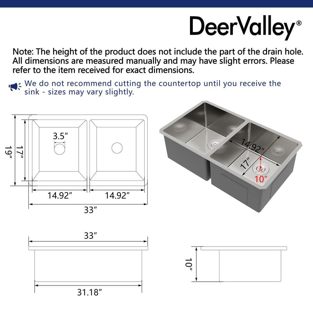 DeerValley 33'' Stainless Steel Double Bowl Undermount Kitchen Sink