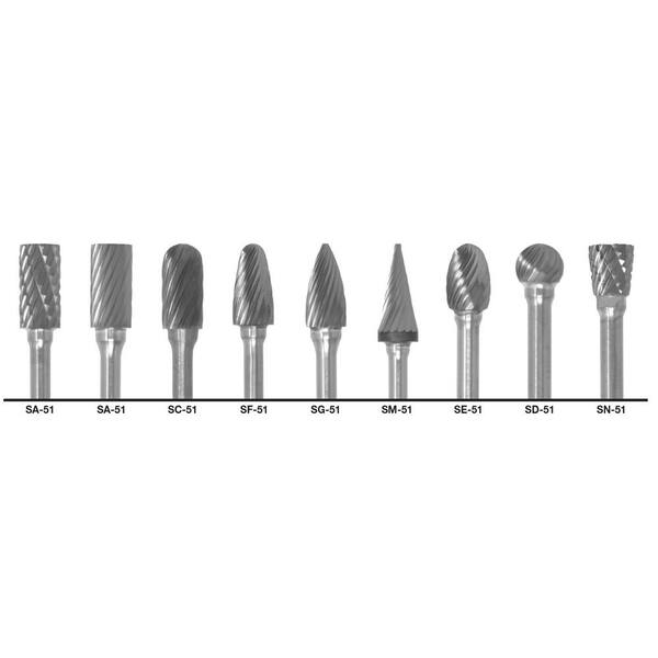 Cle-Line C17761 1/4 in. Dia Standard Cut Carbide Burr Set with 1/8 in. Steel Shanks Set (9-Piece)