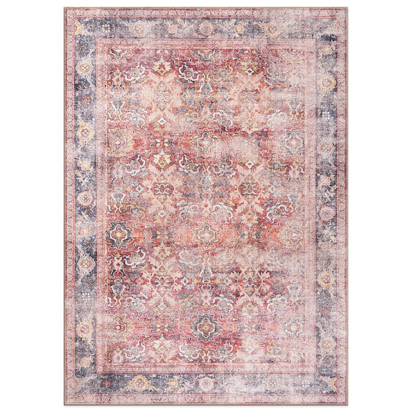 World Rug Gallery Amber Red 7 ft. 7 in. x 9 ft. 6 in. Vintage Bordered Machine Washable Non Slip Area Rug