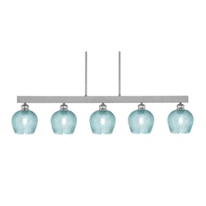 Albany 60-Watt 5-Light Brushed Nickel Linear Pendant Light with Turquoise Glass Shades and No Bulbs Included