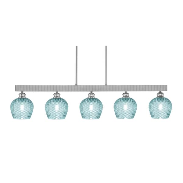 Unbranded Albany 60-Watt 5-Light Brushed Nickel Linear Pendant Light with Turquoise Glass Shades and No Bulbs Included