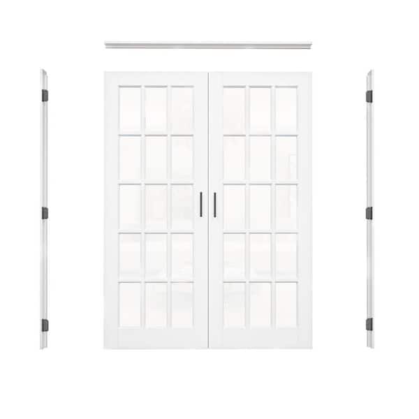 60 in. x 80 in. 15-Lite Clear Glass Universal White Solid Core Wood Double Prehung French Door with Frame Set,Ball Catch