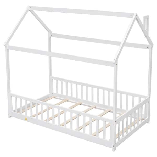 Harper & Bright Designs White Wood Frame Twin Size House Platform Bed, Floor Bed with Fence Bedrails, Roof