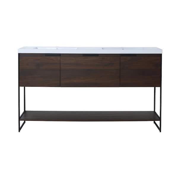 FORCLOVER 59-1/8 in. W x 18-1/4 in. D x 34-1/4 in. H Bath Vanity in California Walnut with White Resin Top