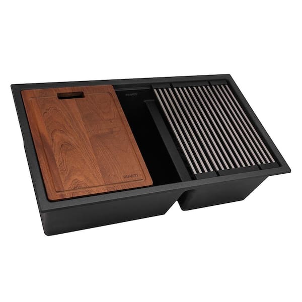 epiRock 33 in. Undermount Double Bowl Workstation Kitchen Sink in Charcoal Black Granite Composite