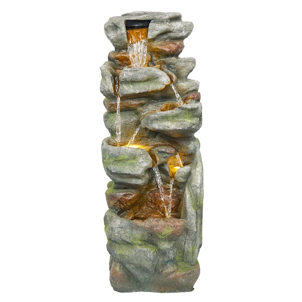 39 in. Tall Multitiered Rock Waterfalls Floor Fountain with LED Lights, Gray