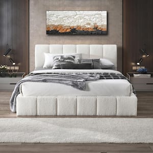 Pearl White Boucle Fabric Solid Wood Frame King Size Platform Bed