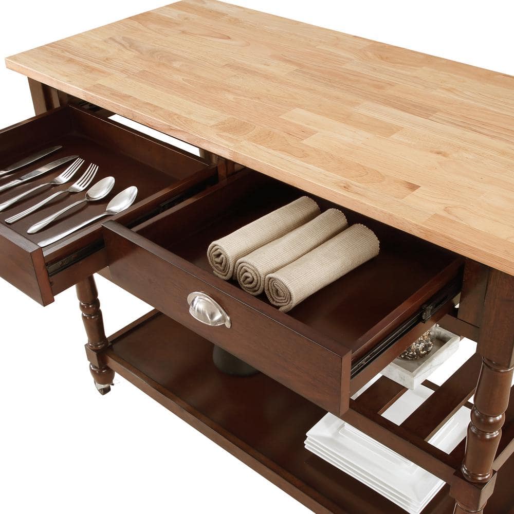 Espresso Solid Wood Butcher Block Kitchen Cart with Wine Rack