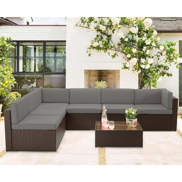 Tenleaf 7-Piece Wicker Patio Conversation Set with Dark Gray Cushions