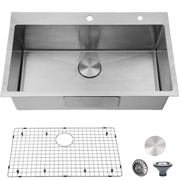 30 in. Drop-In Single Bowl 16-Gauge Brushed Stainless Steel Kitchen Sink with Dish Grid and Strainer