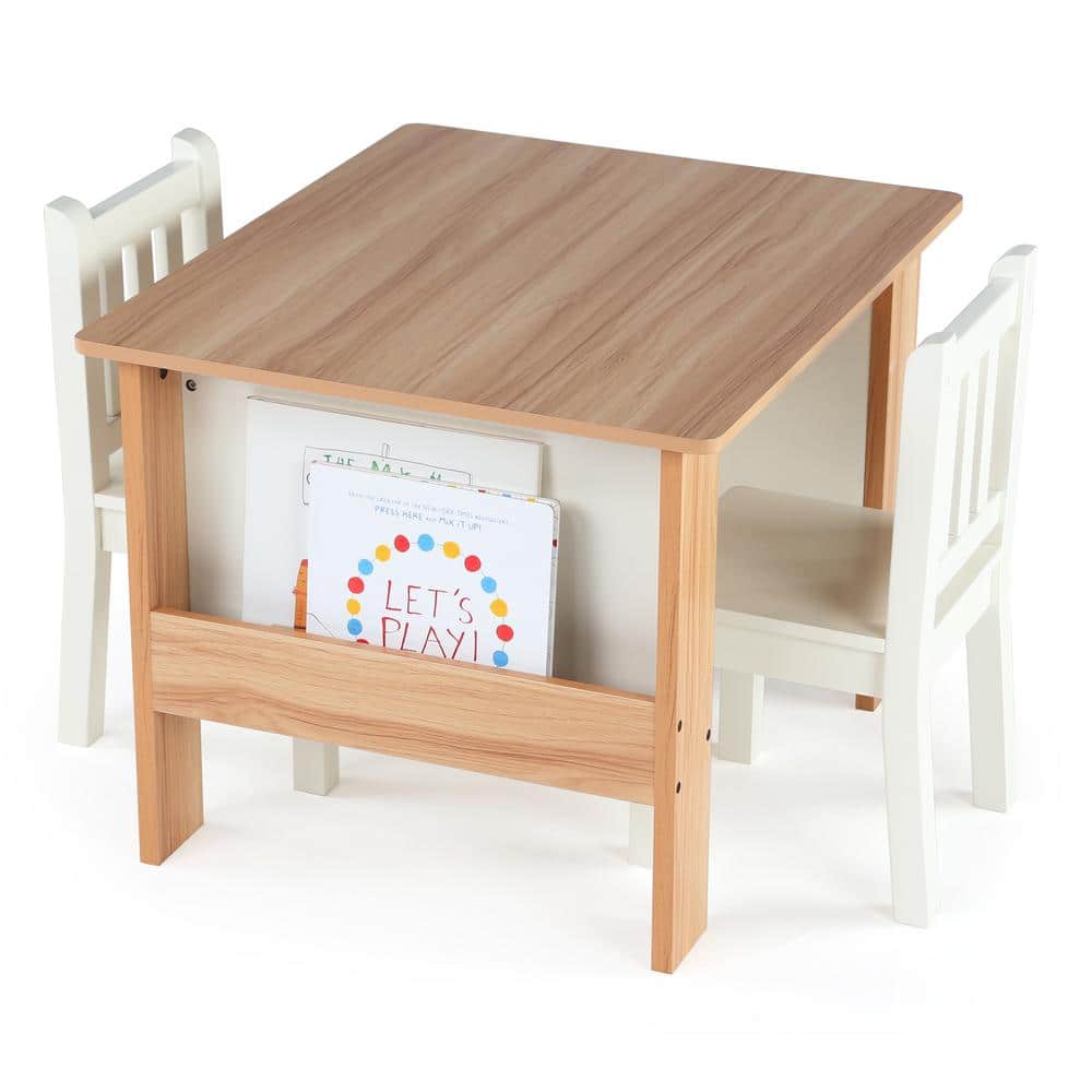 Natural and White Kids' 3-Piece Table and Book Rack Set