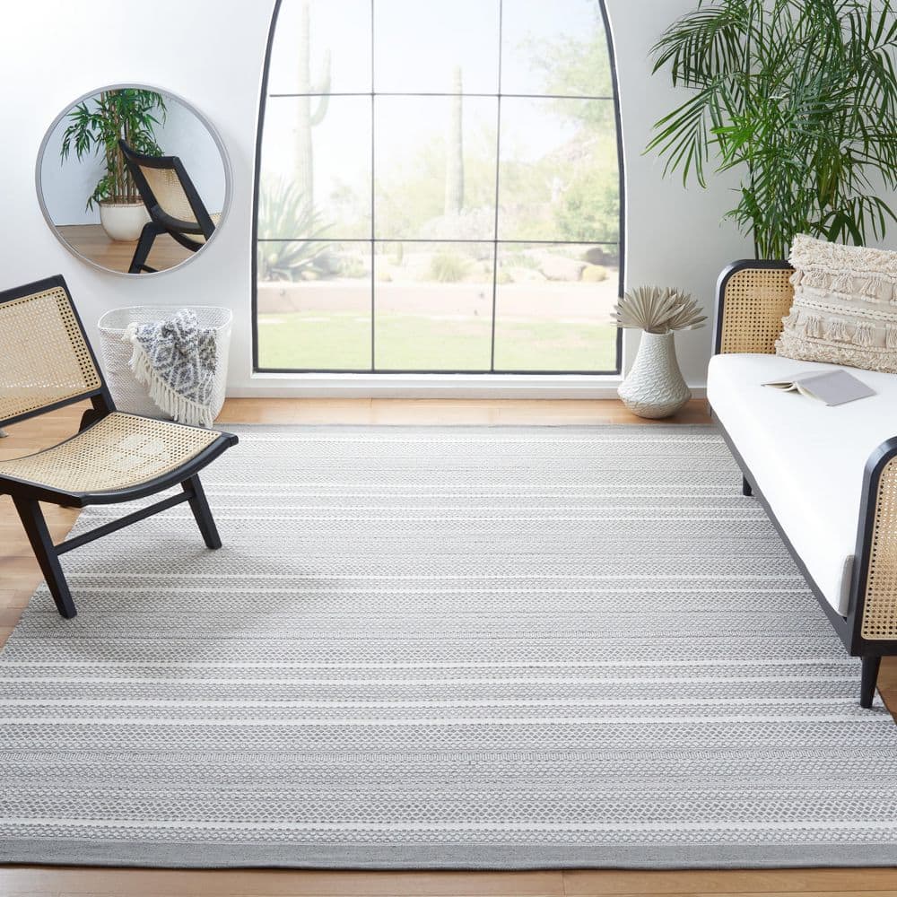 Gray and Beige Handwoven Wool Striped 8' x 10' Area Rug