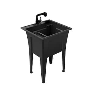 24in. x 22in. Polyprop. Black Freestanding Laundry/Utility Sink with 1-Handle Black Pullout Faucet and Installation Kit