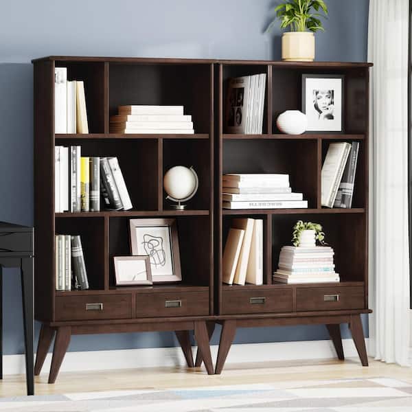 Draper 64 in. Tall Solid Wood 6-Cubbie Bookcase in Medium Auburn Brown (Set of 2)