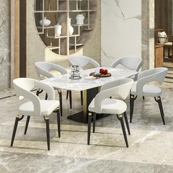 Leisuremod Grey 4-Piece Leather Dining Chairs Ergonomic Curved Open Back Design in Black Iron Entice Collection