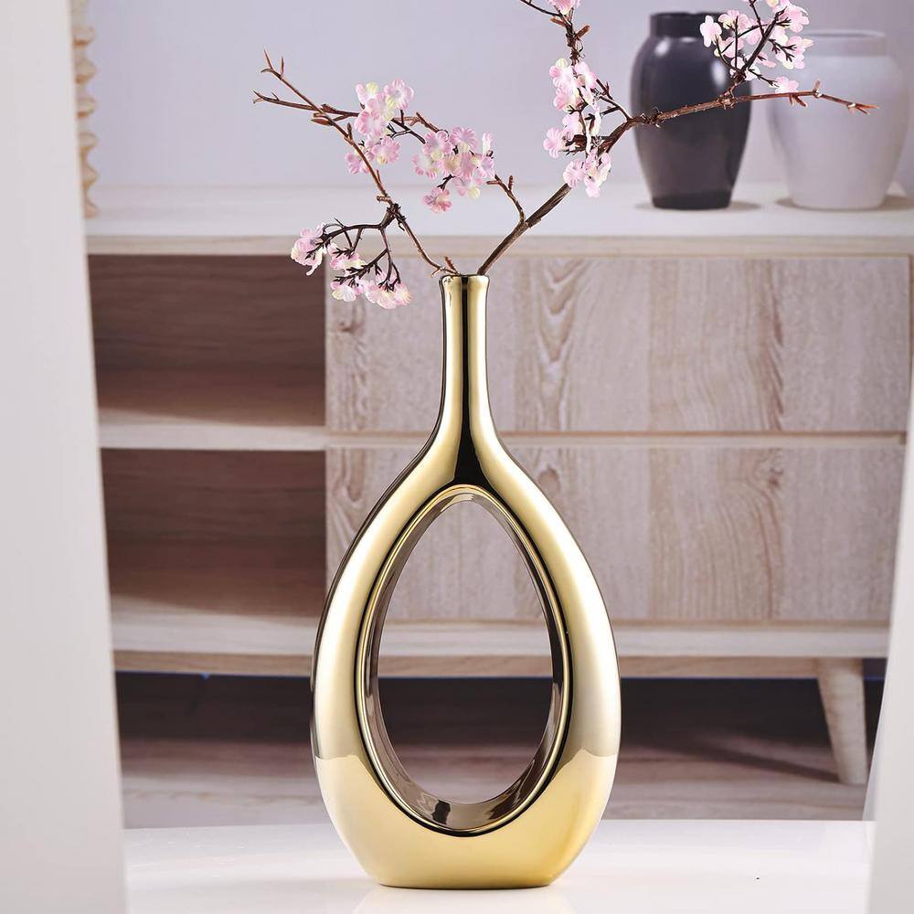 Glossy Gold Ceramic Ellipse Hollow Table Vase Set