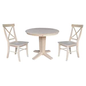 Aria Unfinished Solid Wood 36 in. Round Top Pedestal Dining Table Set with 2-Back Chairs, Seats-2