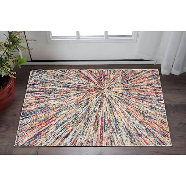 2 ft. x 3 ft. Ivory Blue and Orange Abstract Washable Non Skid Area Rug