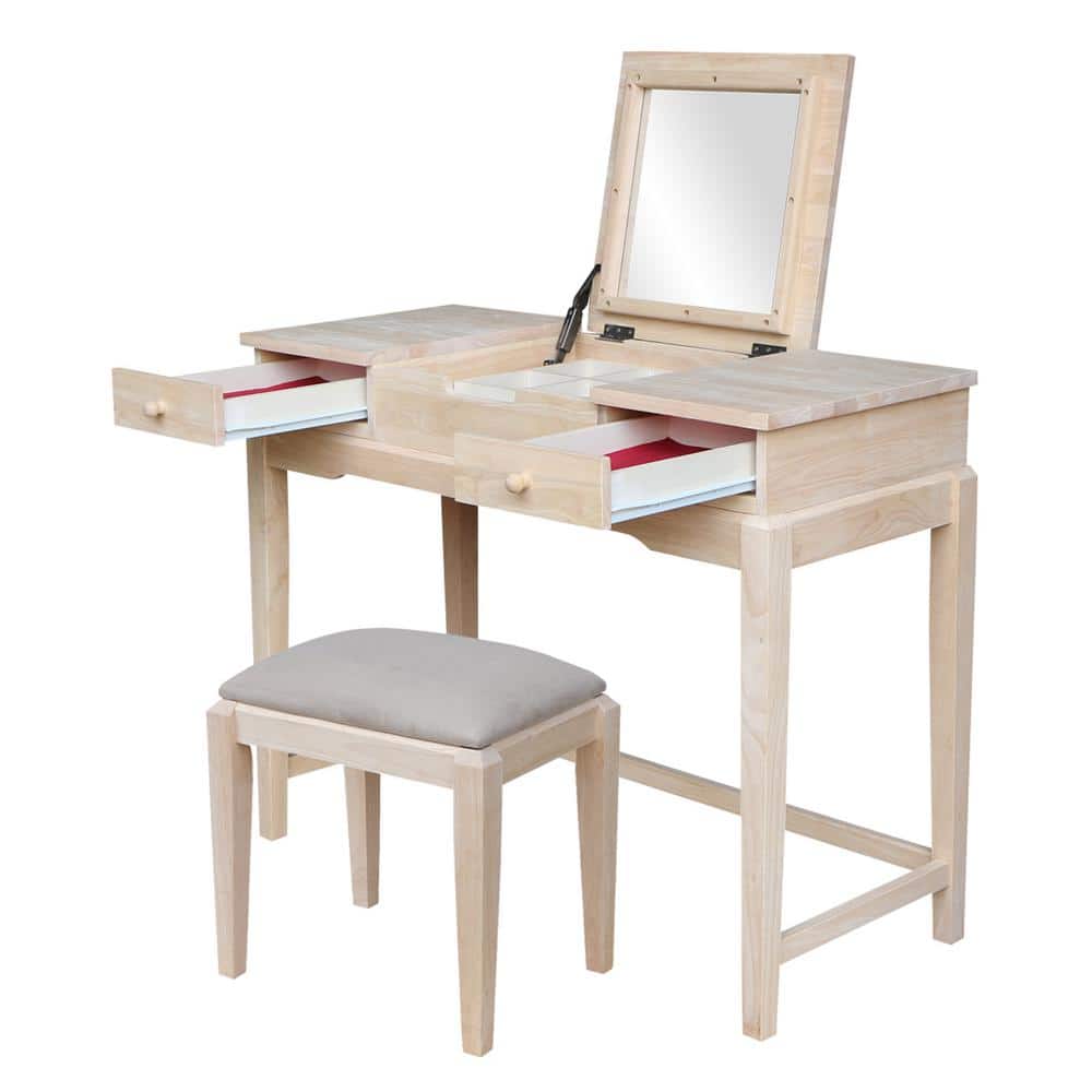 Elegant Unfinished Solid Wood Vanity Table with Microfiber Bench