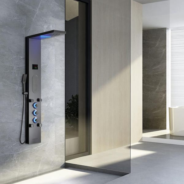 5-in-1, 5-Jet Shower Panel Tower System with Led Rainfall Shower Head, and Massage Body Jets in Matte Black