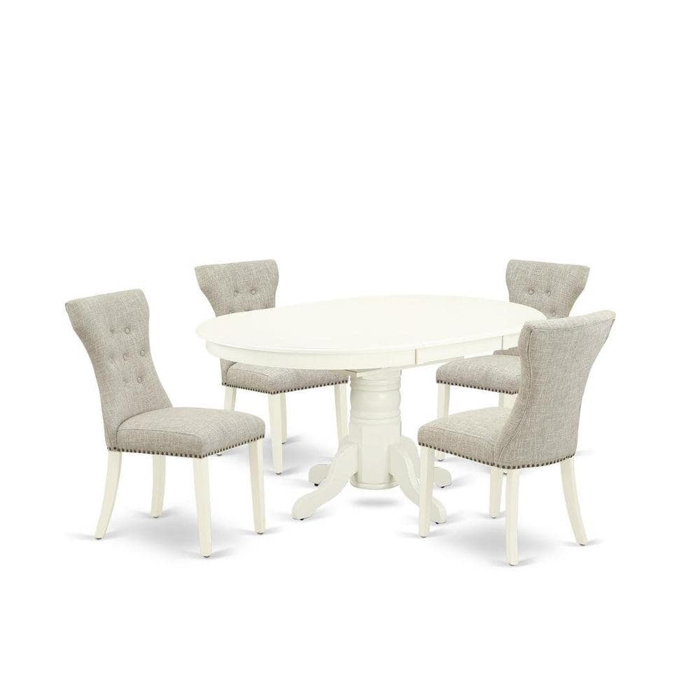 5-Piece Oval Linen White Finish Solid Wood Top Dining Table with 4 Parson Chair with Butterfly Leaf Lattice Back