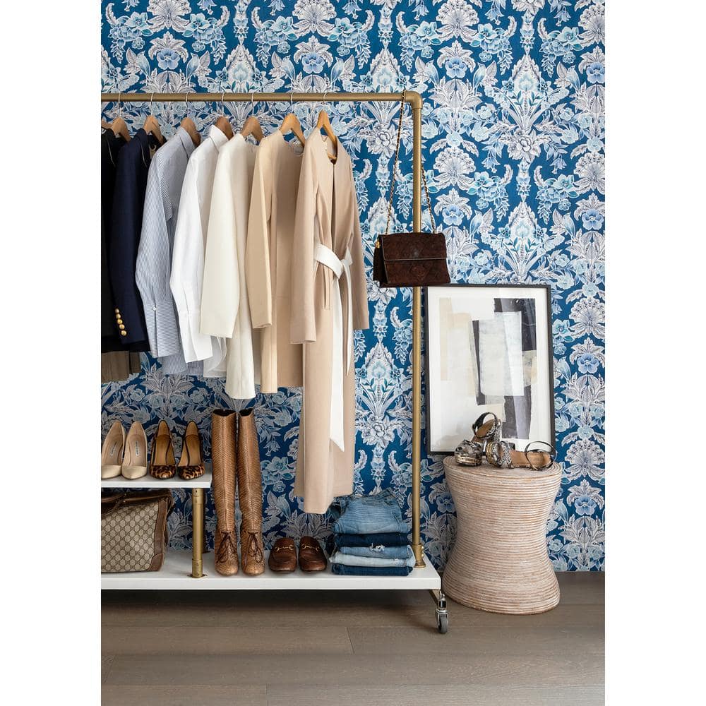 Vera Blue and Off-White Floral Damask Wallpaper