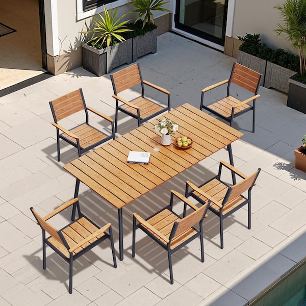 7-Piece Aluminum Outdoor Dining Set in Brown with Stackable Arm Chairs and Wood-like Top, Umbrella Hole