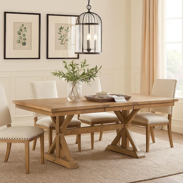 Benjara 42 in. Natural Brown Wood Top Double Pedestal Dining Table with Extendable Leaf and Trestle Base Seats 6