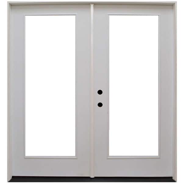 Steves & Sons 56 in. x 80 in. Reliant Series Clear Full Lite White Primed Right Hand Inswing Fiberglass Double Prehung Patio Door