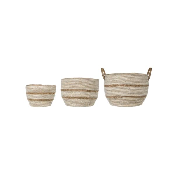 Set of 3 Maize Baskets with Leather Handle Beige and Brown - Storied Home: Circular Corn Husk, Decorative Storage