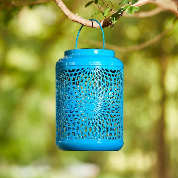 Glitzhome 8.75 in. H Blue Metal Cutout Solar Powered Outdoor Hanging Lantern