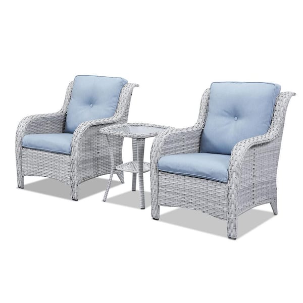 Gymojoy 3-Pieces Wicker Carolina Light Gray Patio Conversation Set with Baby Blue Cushions