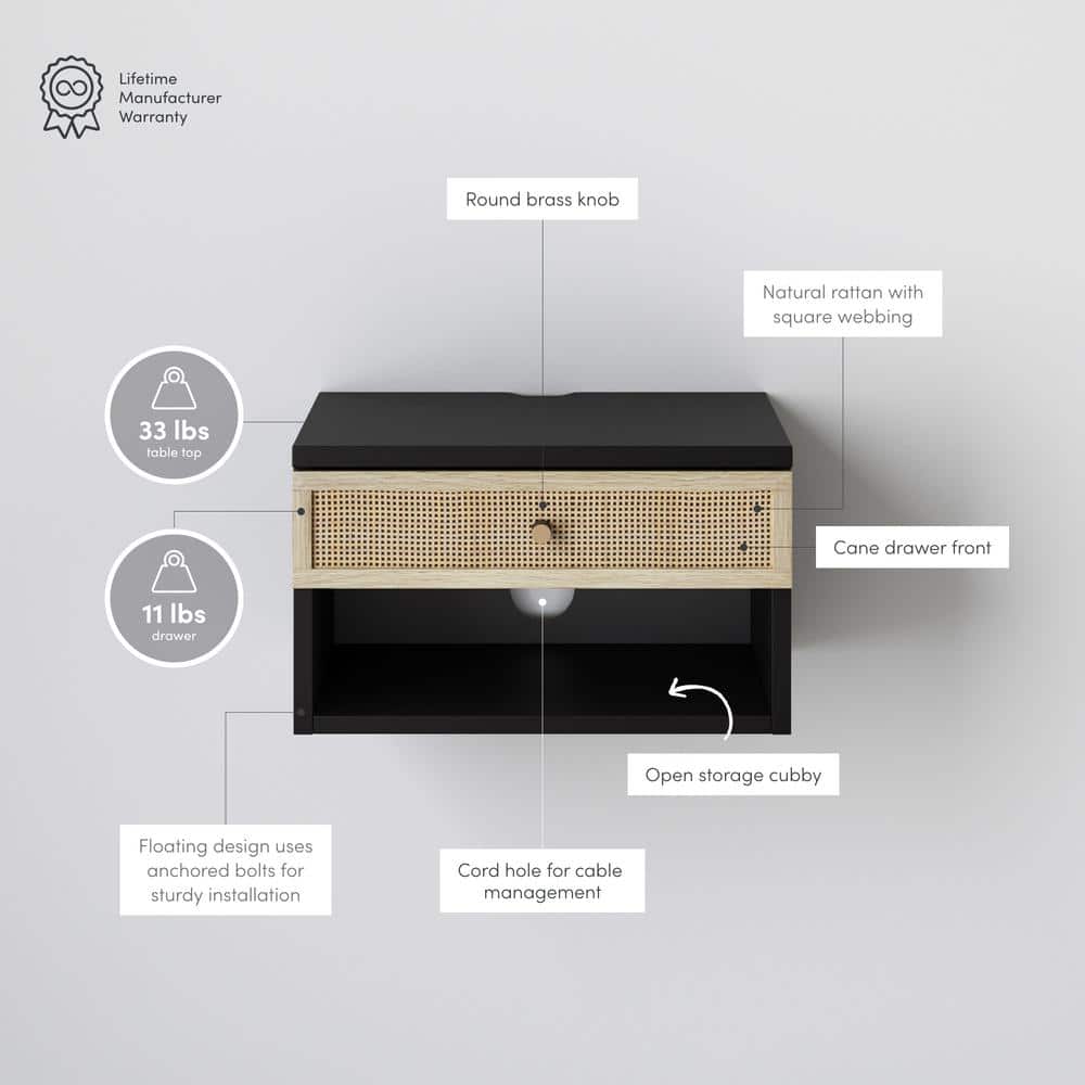 Black and Rattan Floating Nightstand with Storage Drawer and Cubby