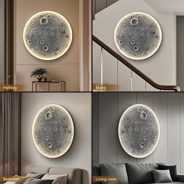 GOGEXX 46 in. x 46 in. Gray Realistic Resin Moon Dimmable LED Wall