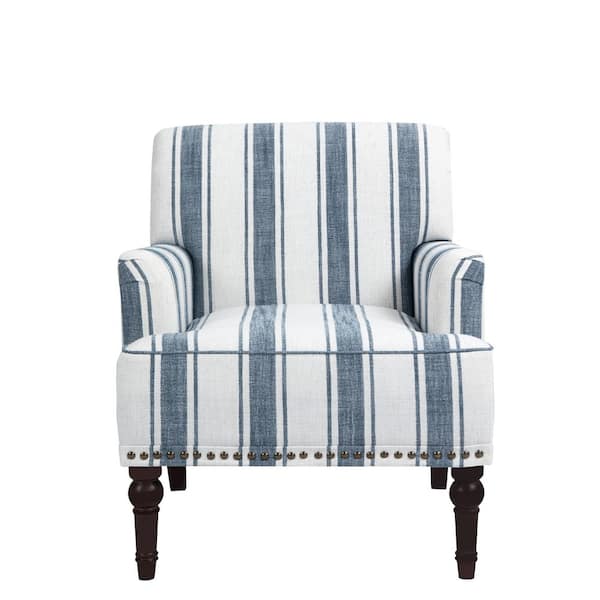 Uixe Modern Dark Blue Striped Linen Upholstered Accent Armchair With Wooden Legs(Set of 1)