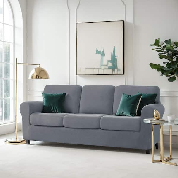 7-Piece Set Light Grey Polyester Stretch Sofa Slipcover for 3-Seater Couches with Separate Backrest and Cushion Covers