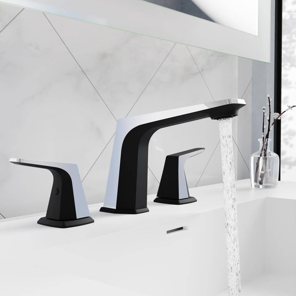 Matte Black and Chrome Widespread Bathroom Faucet with Pop-Up Drain