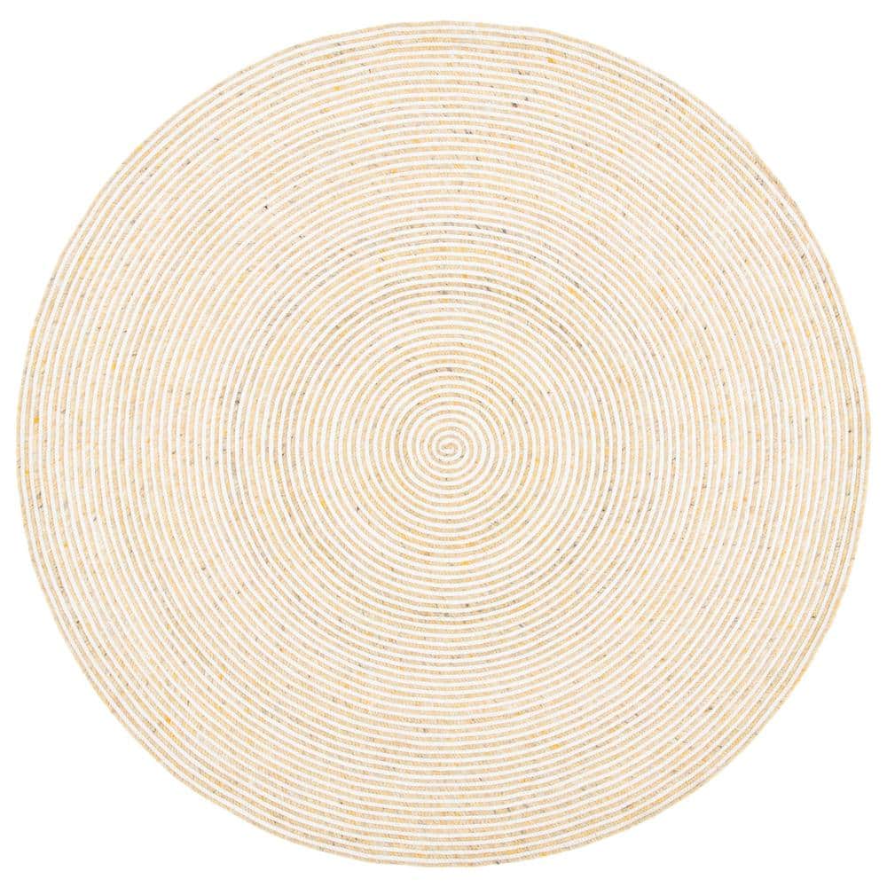 Ivory and Yellow Round Braided Reversible Wool Area Rug