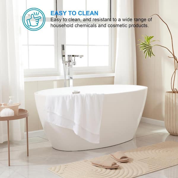 Vanity Art Calais 55 in. L x 32 in. W Acrylic Flatbottom Freestanding Bathtub with Center Drain in White/Polished Chrome