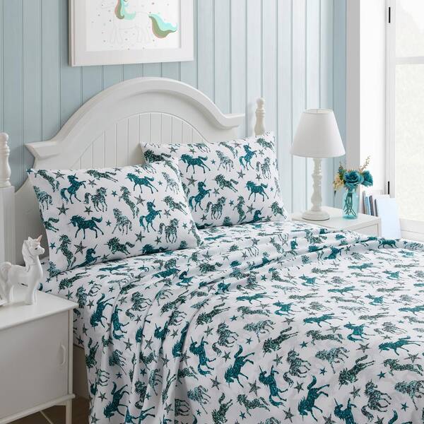 Morgan Home Kute Kids Glitter Unicorn Aqua Toddler Sheet Set