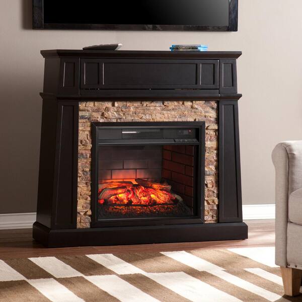 Southern Enterprises Buffalo 44.25 in. Faux Stone Infrared Media Electric Fireplace TV Stand in Black