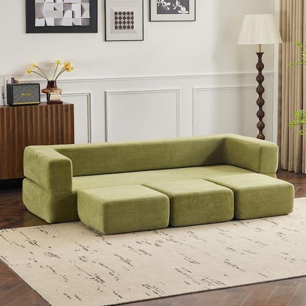 anpport Modern 79.14 in. Green Chenille Full Size High-Resilience Foam Sleeper Sofa Bed with 3-Ottomans